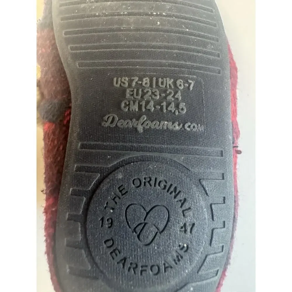 Dearfoams Lil Bear Buffalo Plaid Slippers Kids Size 7-8 Red Black Cozy